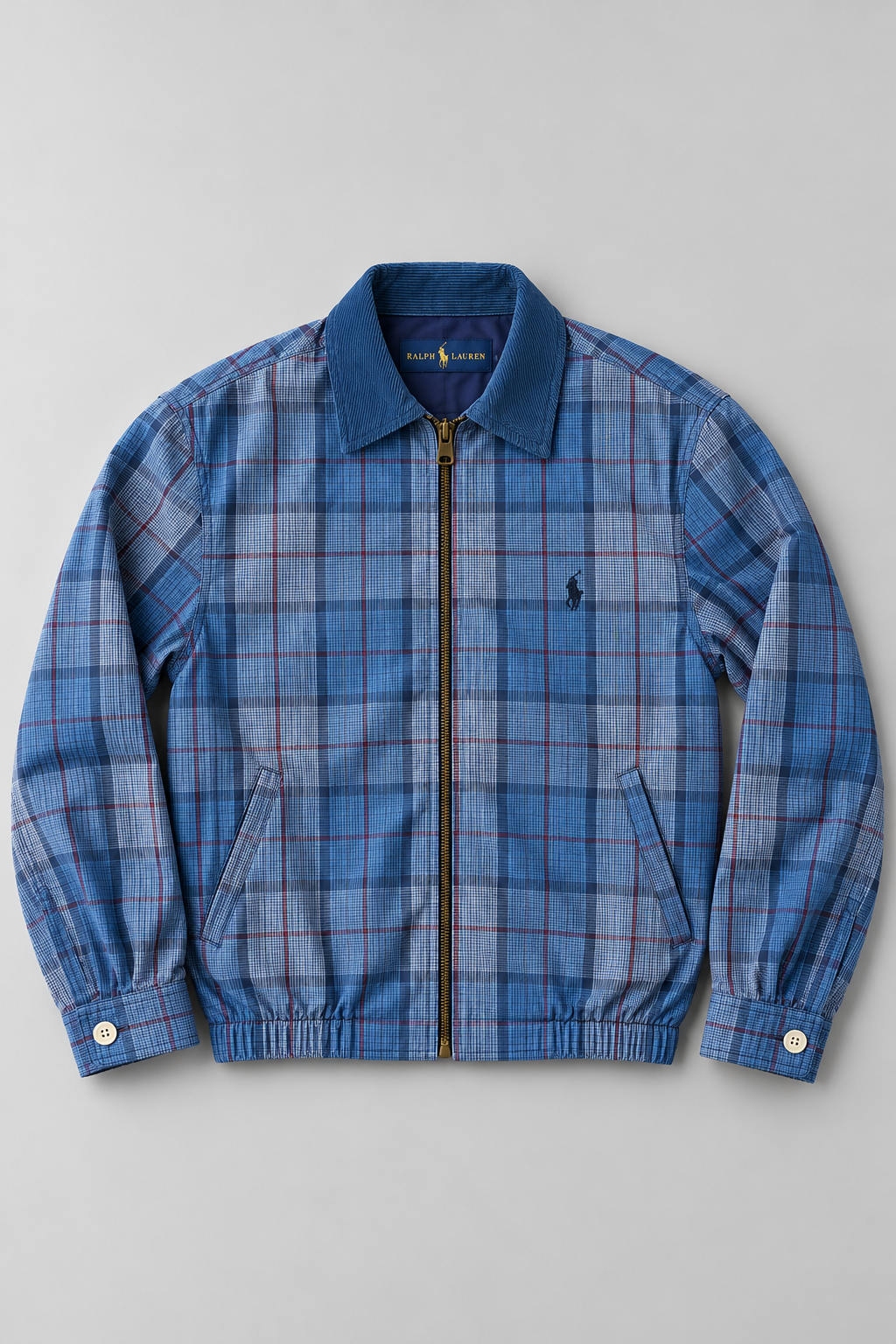 Ralph Lauren Upcycled Zip Jacket Blue Plaid: AI-bewerkte studiofoto van voorkant, ter illustratie; details kunnen afwijken van uniek exemplaar