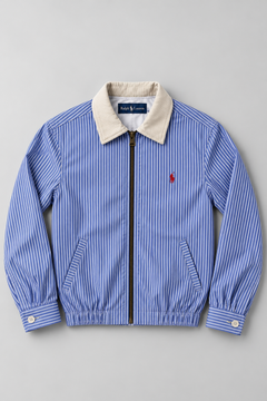 Ralph Lauren Upcycled Zip Jacket Blue Stripe: AI-bewerkte studiofoto van voorkant, ter illustratie; details kunnen afwijken van uniek exemplaar