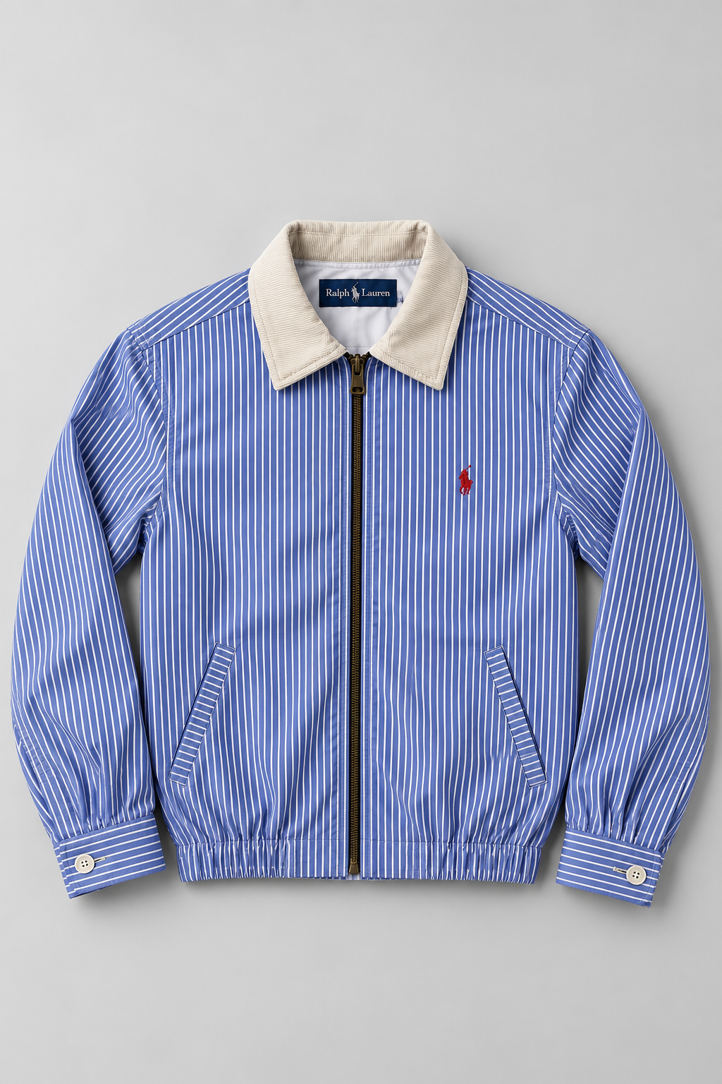 Ralph Lauren Upcycled Zip Jacket Blue Stripe: AI-bewerkte studiofoto van voorkant, ter illustratie; details kunnen afwijken van uniek exemplaar