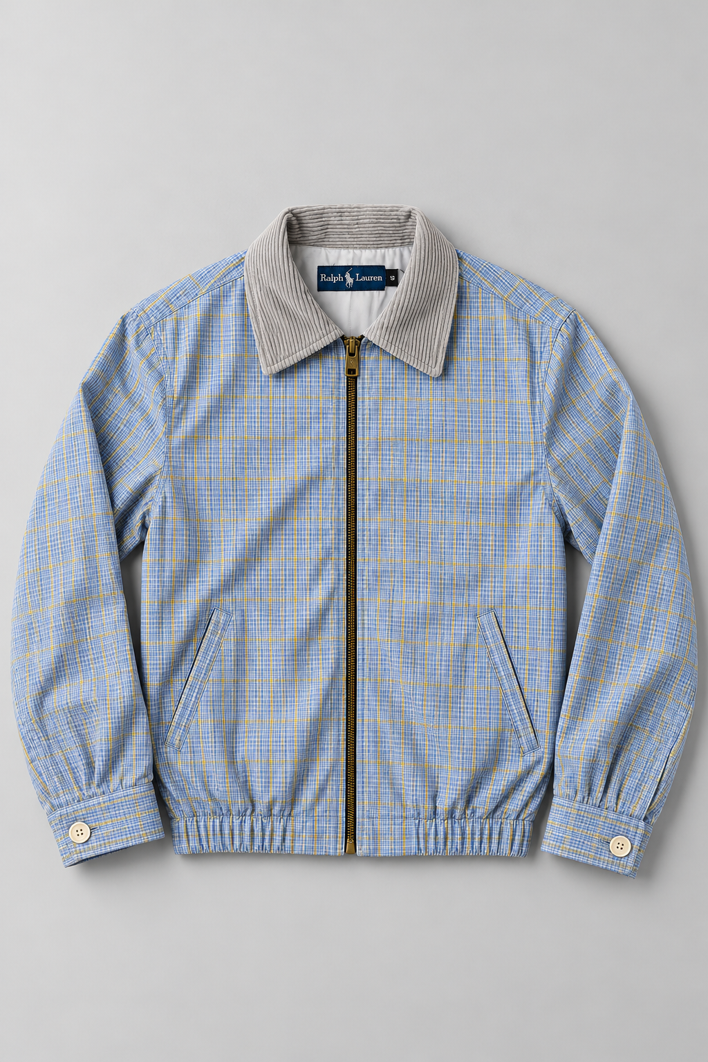 Ralph Lauren Upcycled Zip Jacket Blue Yellow Check: AI-bewerkte studiofoto van voorkant, ter illustratie; details kunnen afwijken van uniek exemplaar