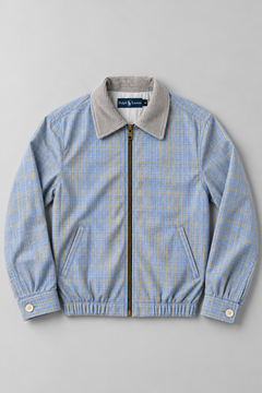 Ralph Lauren Upcycled Zip Jacket Blue Yellow Check: AI-bewerkte studiofoto van voorkant, ter illustratie; details kunnen afwijken van uniek exemplaar