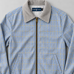 Ralph Lauren upcycled blue-yellow-check: gestileerd AI-detail van kraag en borst