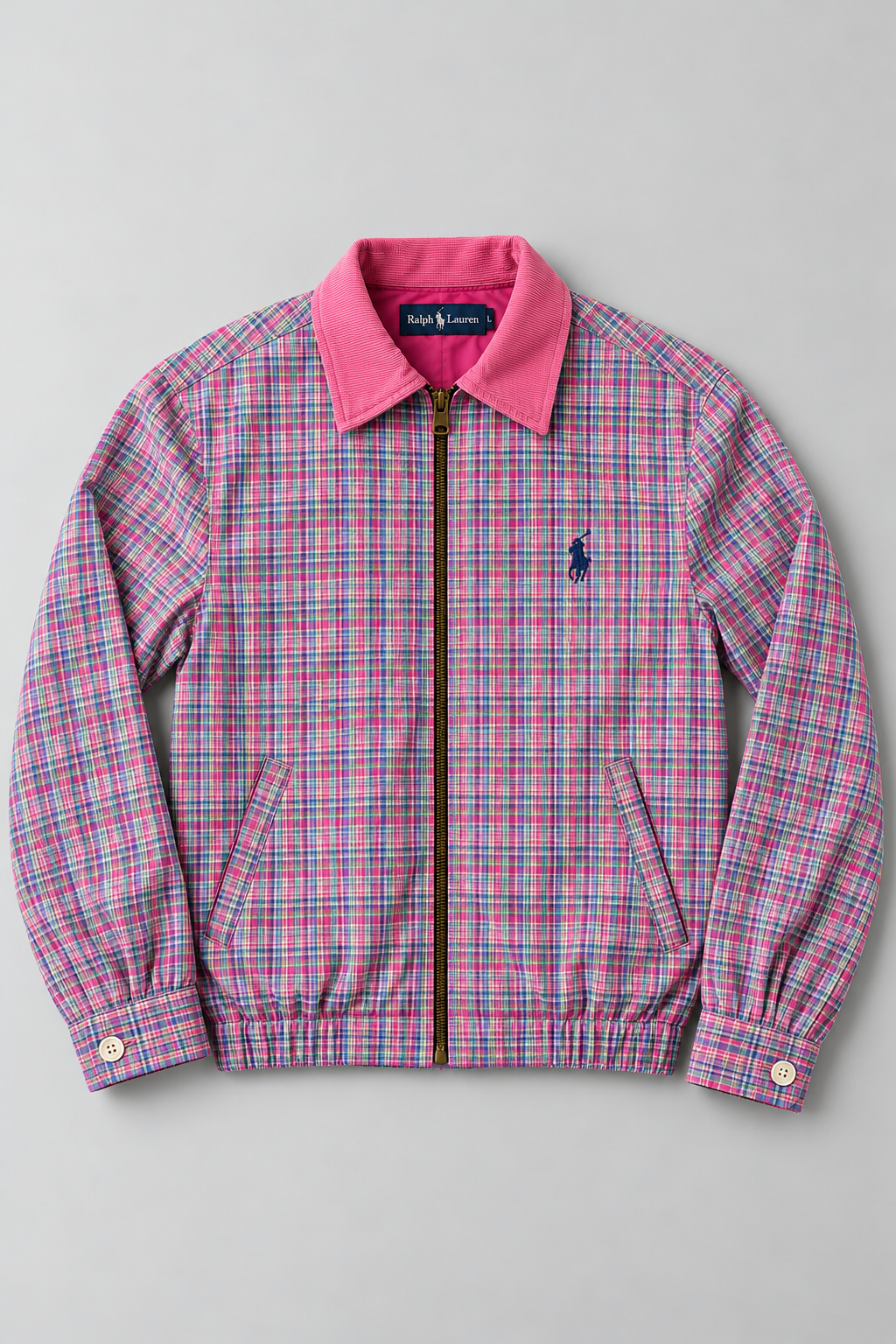 Ralph Lauren Upcycled Zip Jacket Multicolour Pink Check: AI-bewerkte studiofoto van voorkant, ter illustratie; details kunnen afwijken van uniek exemplaar