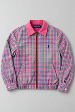 Ralph Lauren Upcycled Zip Jacket Multicolour Pink Check: AI-bewerkte studiofoto van voorkant, ter illustratie; details kunnen afwijken van uniek exemplaar