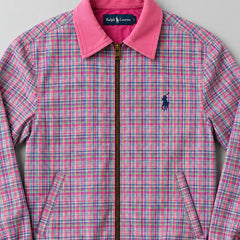 Ralph Lauren upcycled multicolour-pink-check: gestileerd AI-detail van kraag en borst