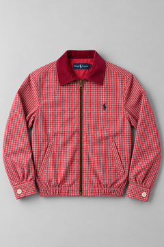 Ralph Lauren Upcycled Zip Jacket Red Check: AI-bewerkte studiofoto van voorkant, ter illustratie; details kunnen afwijken van uniek exemplaar