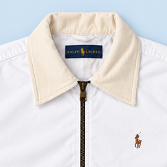 White Ralph Lauren upcycled jacket — off-white corduroy collar, gold label and zip detail