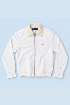 White upcycled Ralph Lauren jacket, front view with both side pockets, off-white corduroy collar and gathered hem