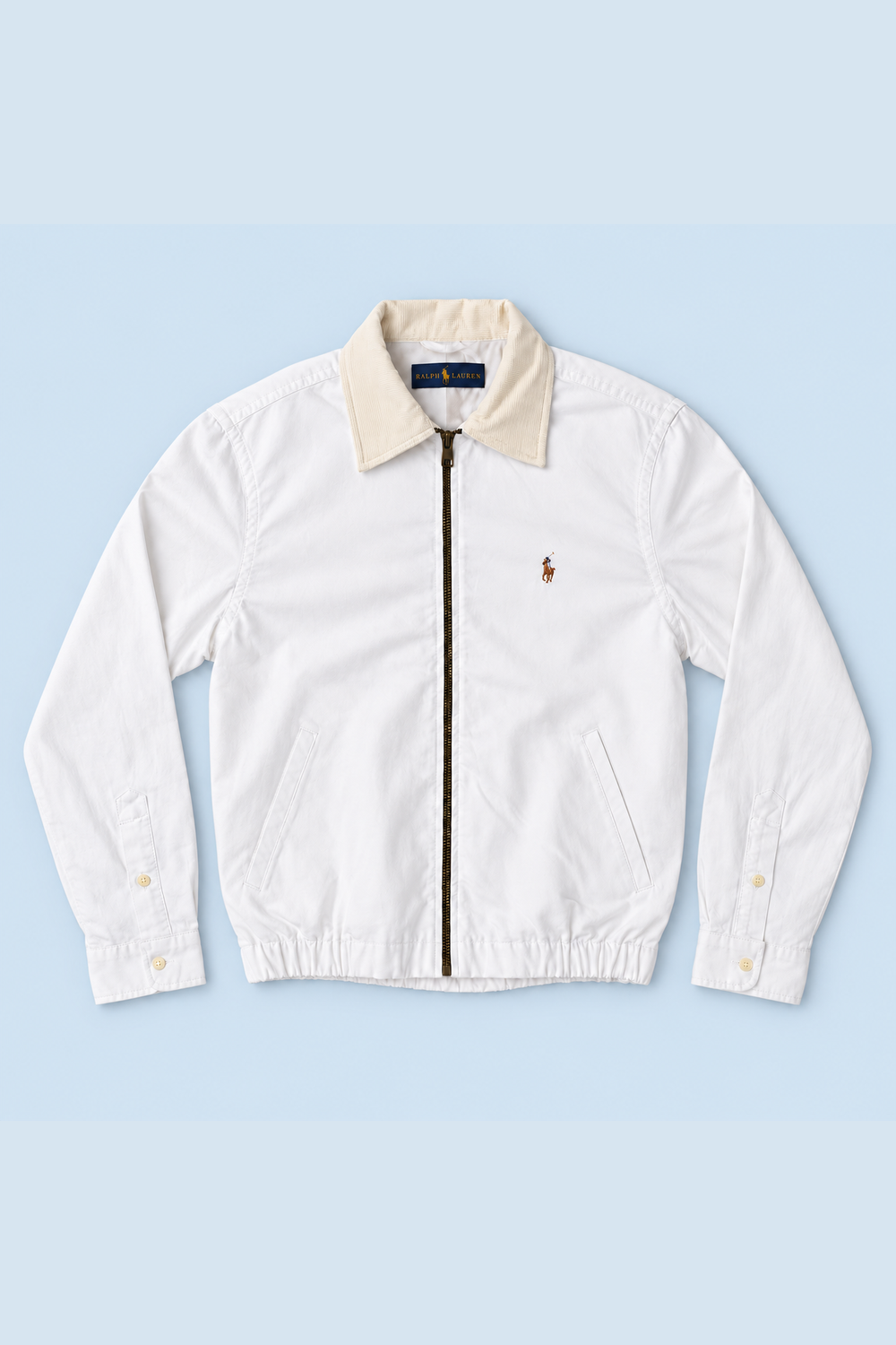 White upcycled Ralph Lauren jacket, front view with both side pockets, off-white corduroy collar and gathered hem