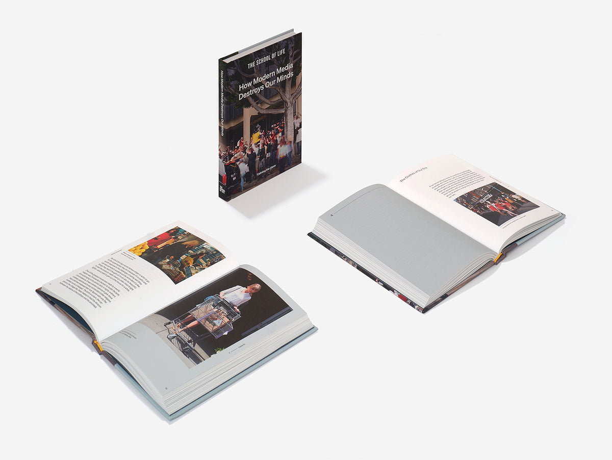 How Modern Media Destroys Our Minds – hardback book and open illustrated pages