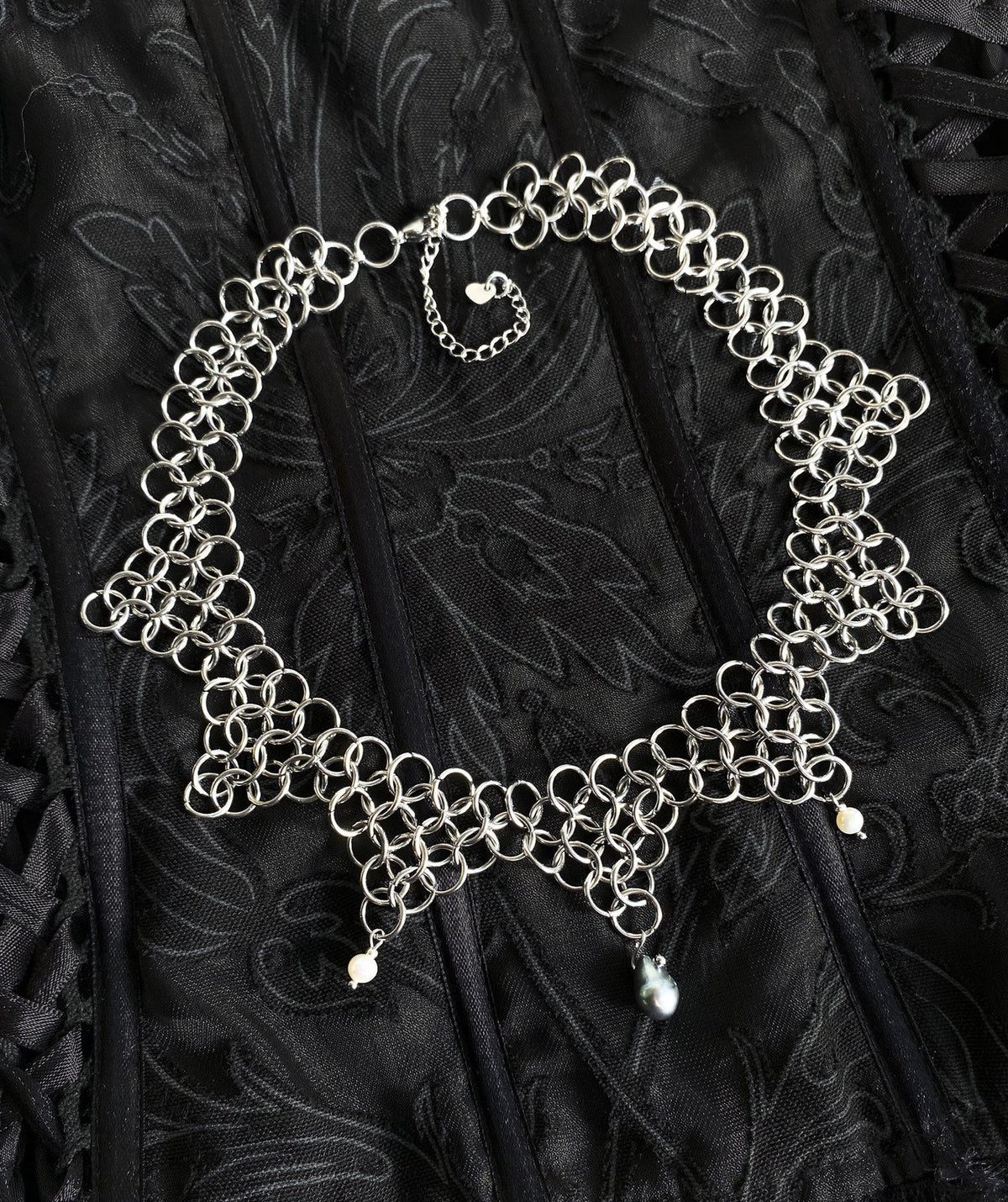 Ampelopsis handmade chainmail necklace with freshwater pearls by Mandragor Design