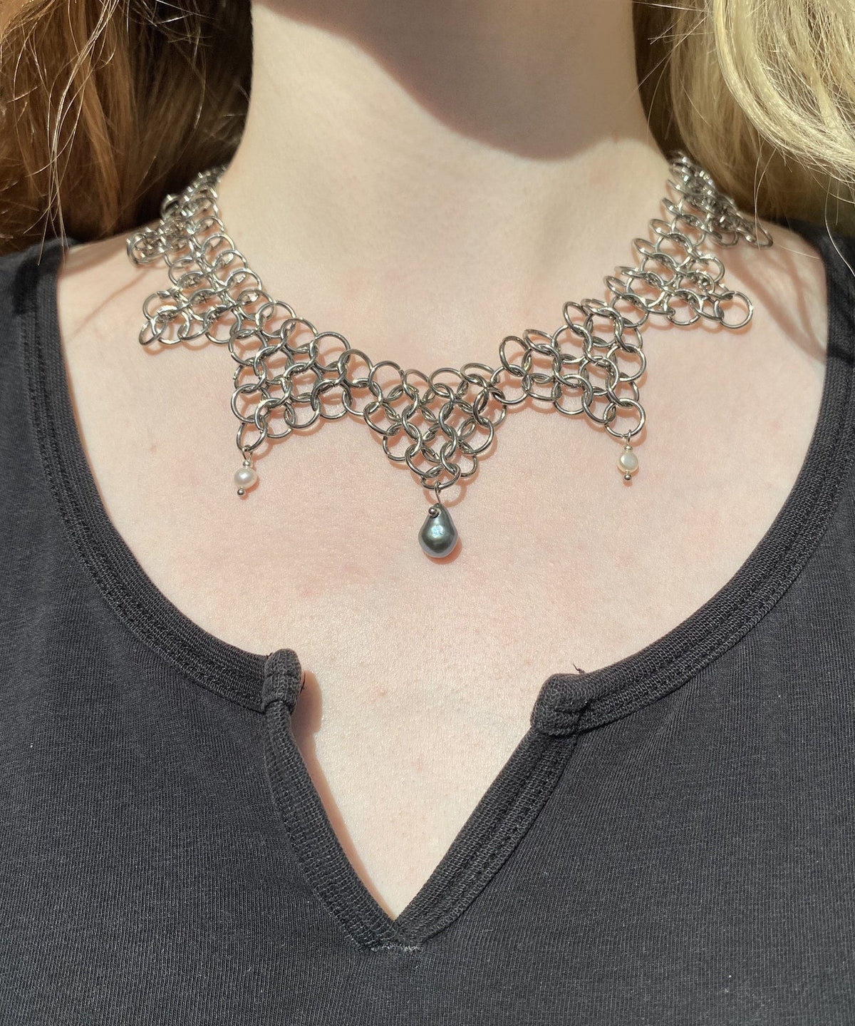 Ampelopsis pearl and stainless steel necklace, alternate view