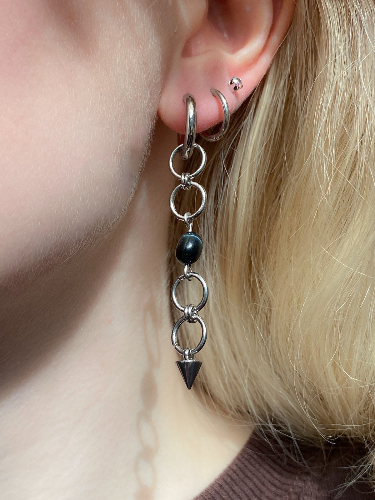 Handmade labradorite drop earrings by Mandragor Design, alternate product photograph