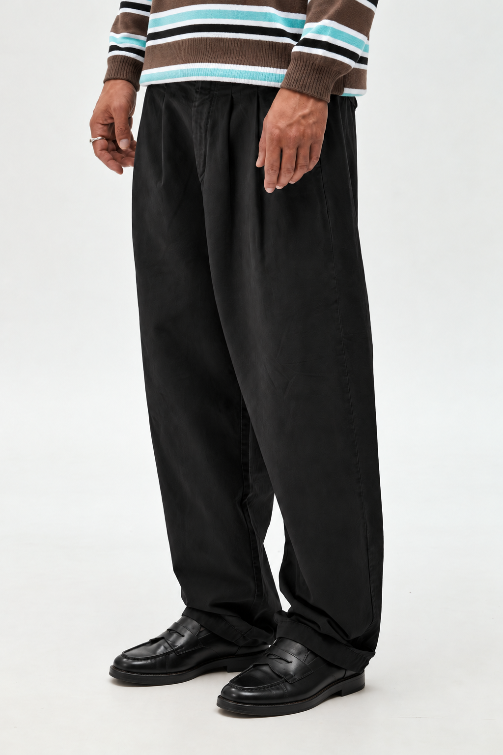 NWHR Black Pleated Chino Trousers - front view