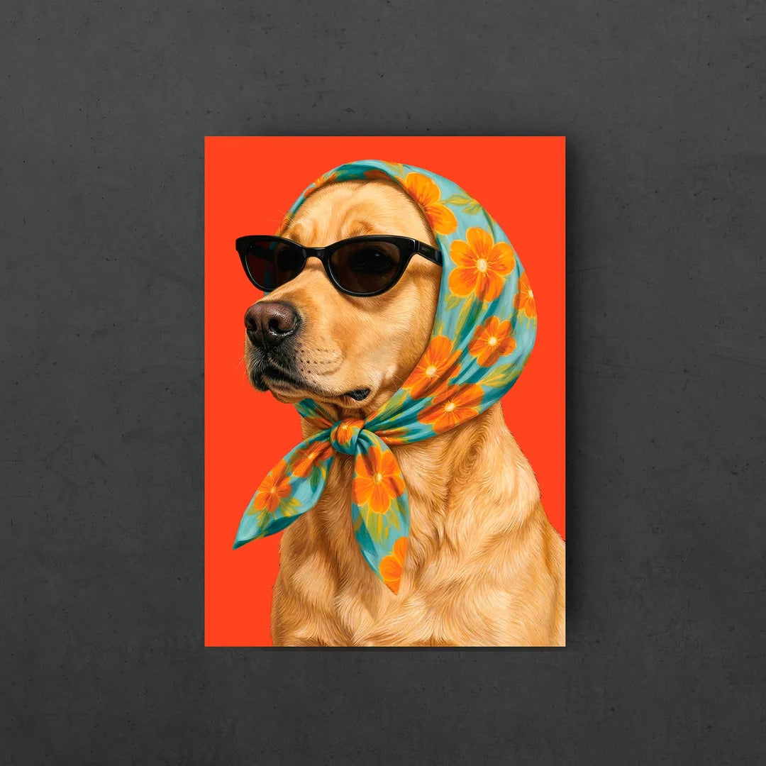 Dog wearing sunglasses and a colourful floral scarf